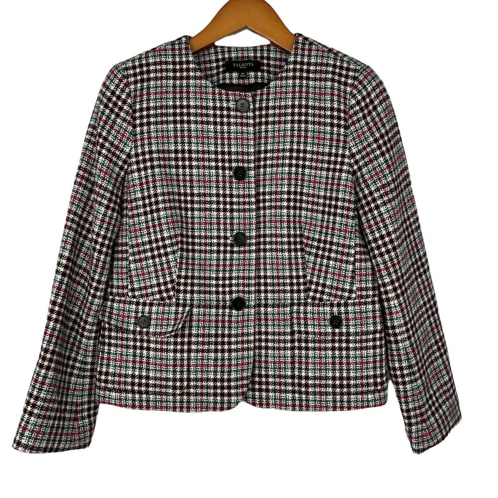 Talbots 14P Wool Blend Blazer Jacket Spring Colors Green Pink Plaid